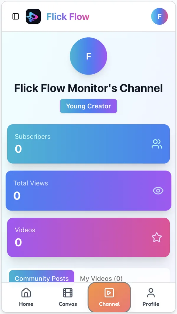 Flick Flow creator channel page showing subscriber, view, and video counts