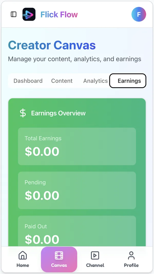 Flick Flow earnings dashboard showing total earnings, pending, and paid out