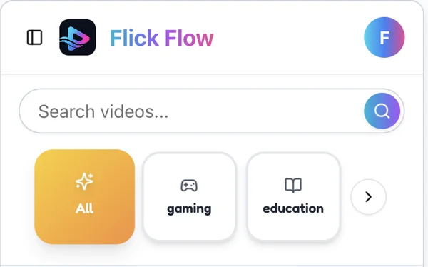 Flick Flow app home screen showing search and video categories